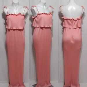 Vintage Lorrie Deb Pleated Maxi Dress Spaghetti Strap Ruffle Slip Boho US 9/10